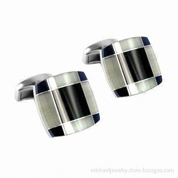 Stainless Steel Cufflinks with White Opals and Onyx, Concise and Fashionable